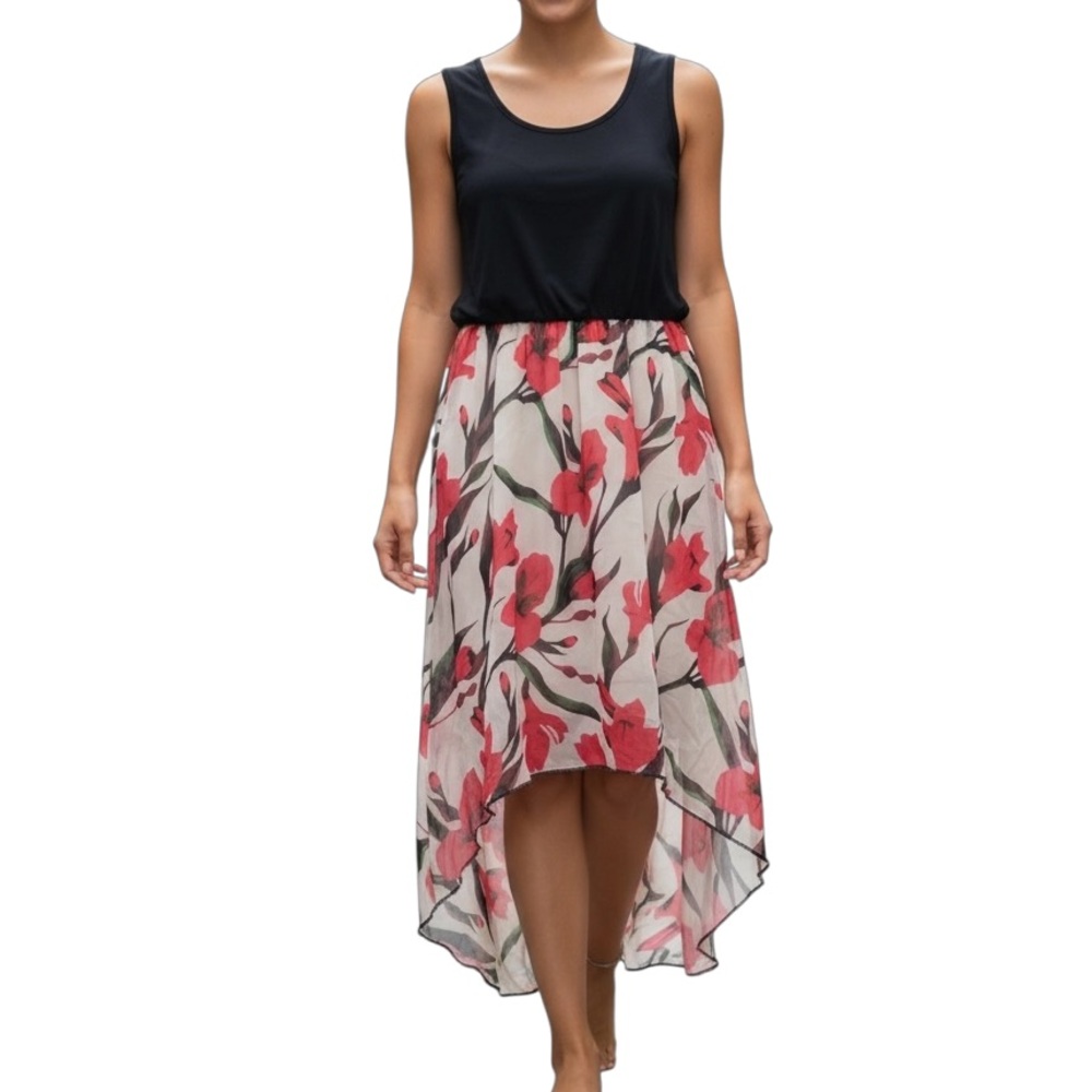 Floral High-Low Dress with Black Top